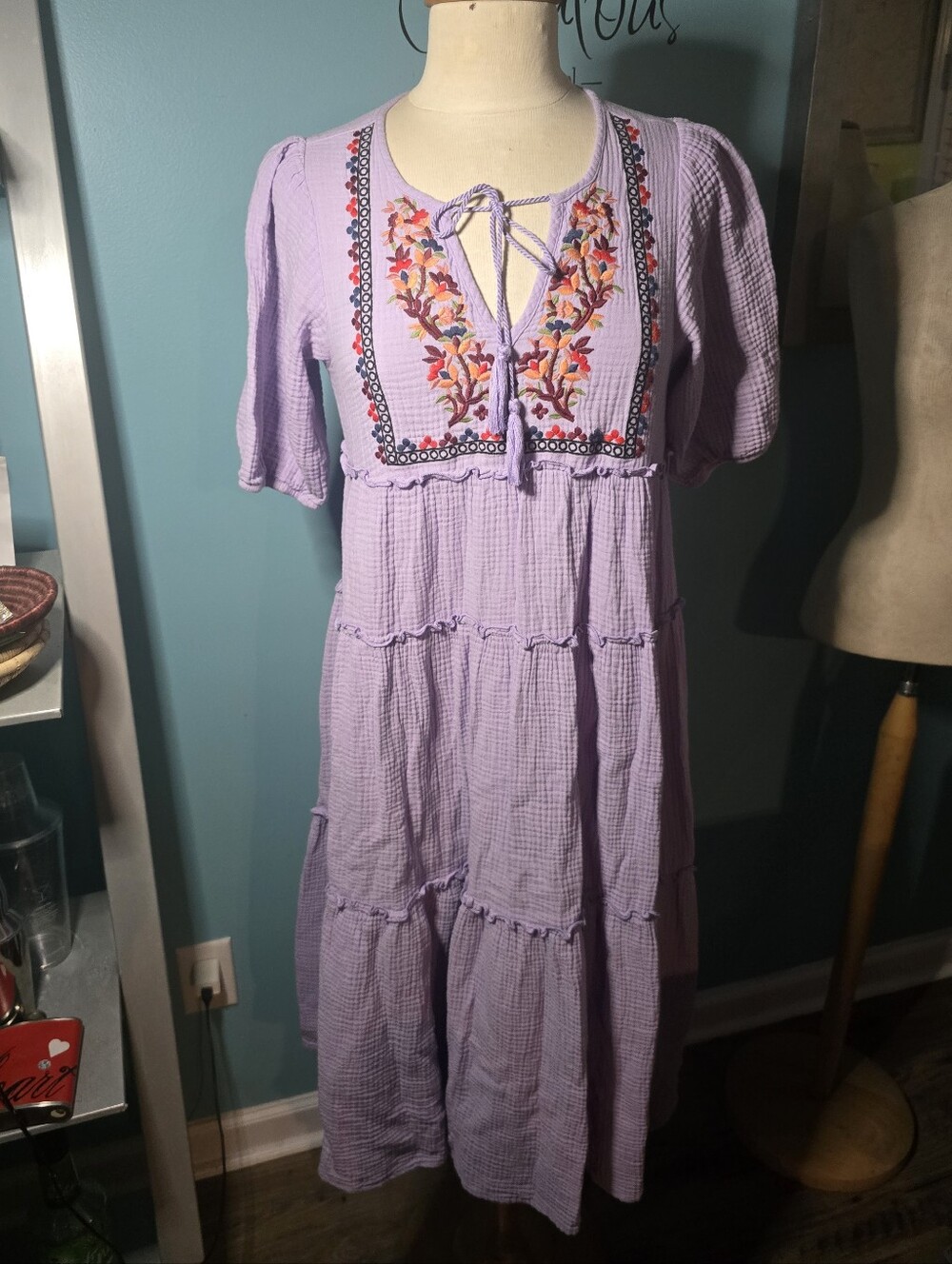 Lilac Embroidered Tiered Midi Dress with Tie Neck